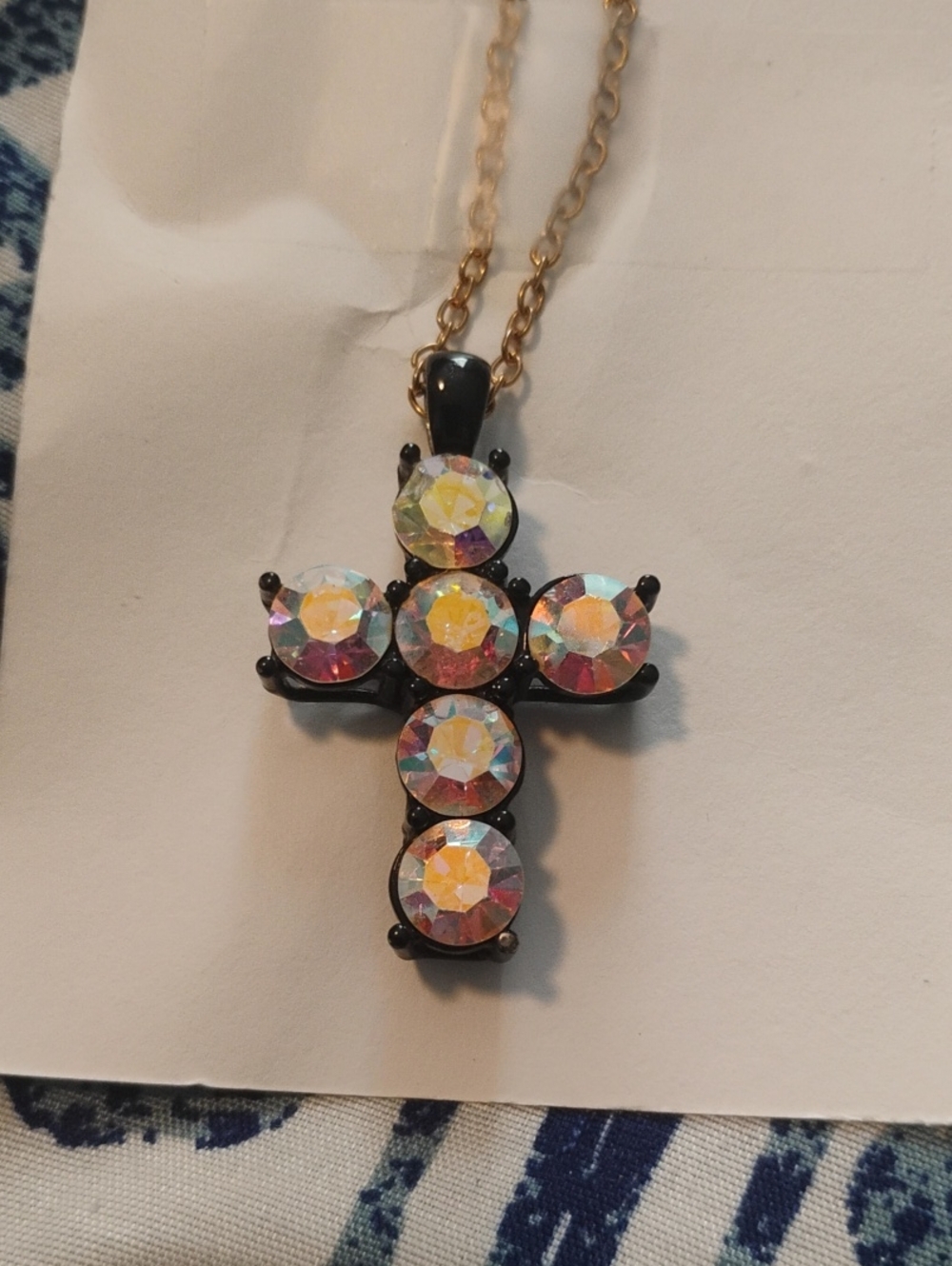 Iridescent Crystal Cross Pendant Necklace — Gold Chain